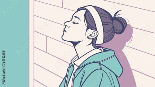 A serene young woman in a hoodie and headband rests with her eyes closed, leaning against a sunlit wall.