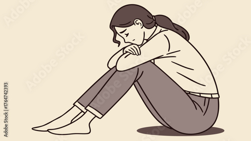A young woman sits curled up with her knees drawn to her chest, her head bowed in a moment of quiet contemplation or sadness.