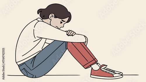 A sad and lonely young person sitting curled up on the floor in despair, an illustration of mental health issues.