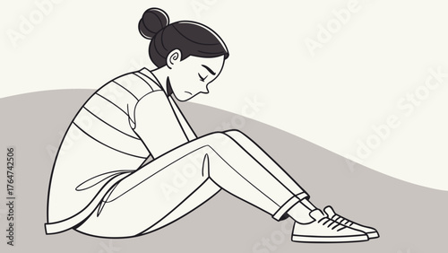 A young woman sits alone with her head down, appearing sad or contemplative.