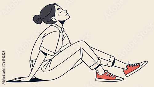 A serene illustration of a woman sitting on the ground with her eyes closed, enjoying a moment of peace.