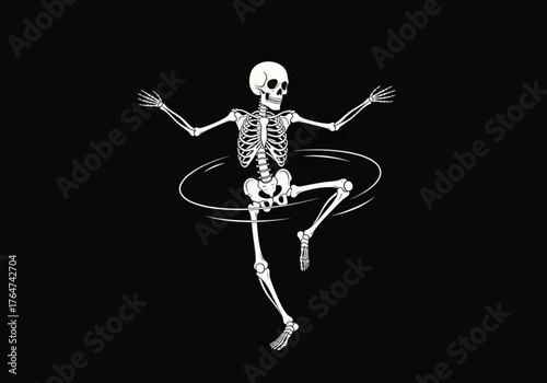 Graphic illustration of a white skeleton dancing with a hula hoop against a stark black background, depicting motion and a playful macabre theme.