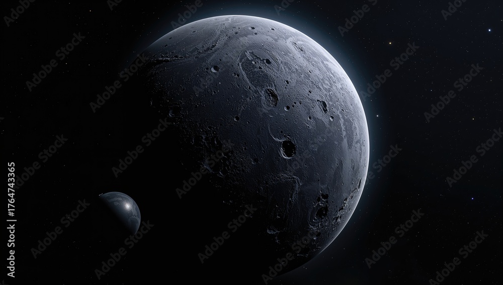Naklejka premium A celestial body shrouded in darkness following a space disaster, marked by numerous craters.