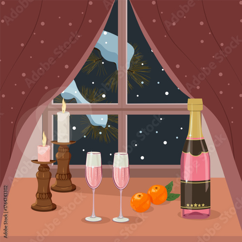 New Year's card with champagne and tangerines against a window background. Vector illustration.