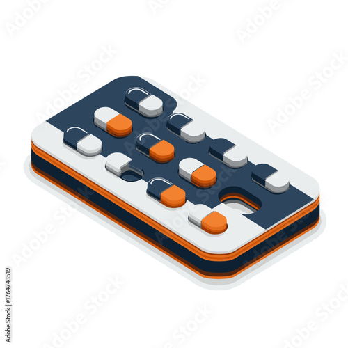 This clean isometric illustration depicts a modern blister pack containing orange and white capsules, representing essential medical treatment and pharmaceutical care.