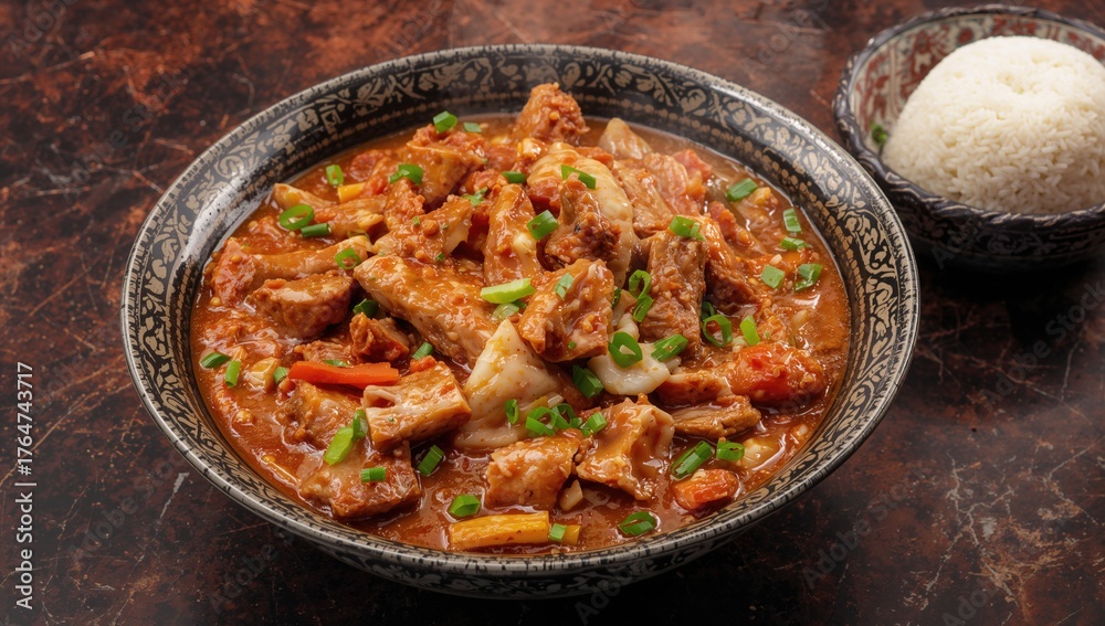 Fototapeta premium Traditional Filipino Kare Kare featuring pork and vegetables in a creamy peanut sauce