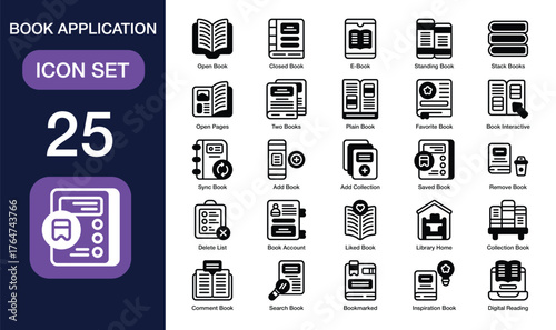 Book Application set of icon in glyph style. Book Application user interface icon collection. Containing standing book, stack books, favorite book, collection book and more. Editable Stroke