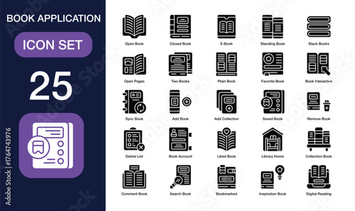 Book Application set of icon in solid style. Book Application user interface icon collection. Containing standing book, stack books, favorite book, collection book and more. Editable Stroke