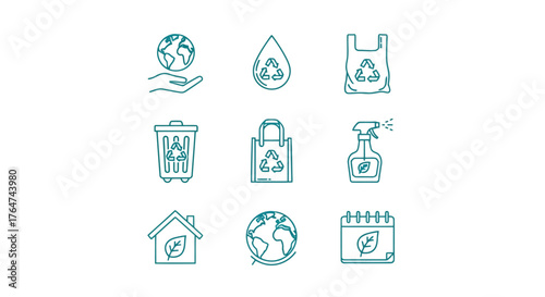 Vector illustration of collection of line art icons related to environmental protection and sustainability, including recycling and nature symbols