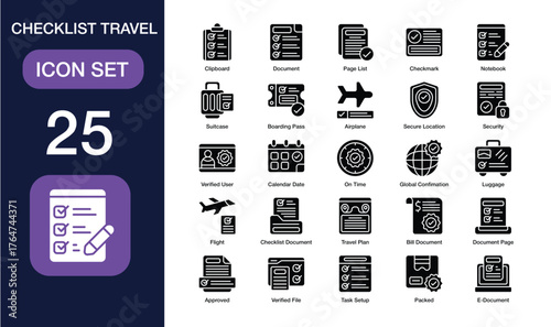 Checklist Travel set of icon in solid style. Checklist Travel user interface icon collection. Containing clipboard, document, page list, checkmark, notebook, suitcase and more. Editable Stroke