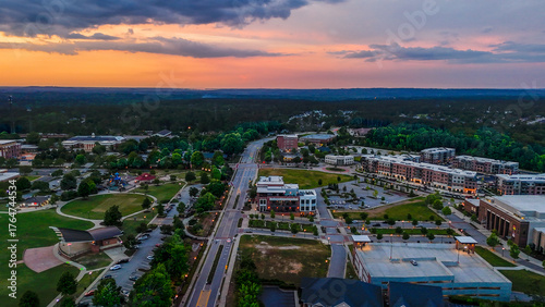Quadro su tela Aerial sunset landscape from Evans Town Center Park summer sunset in CSRA August