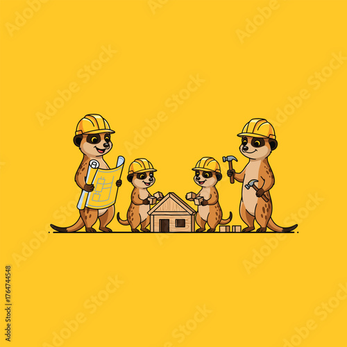 Meerkat construction crew building a house with blueprints and tools.