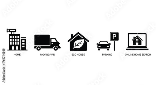 Vector illustration of collection of 5 icons related to home and real estate, including home, moving van, eco house, parking, and online home search
