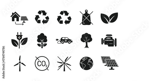 Vector illustration of assortment of 15 black icons representing environmental and energy concepts, including solar, recycling, leaves, electric car, and wind turbine