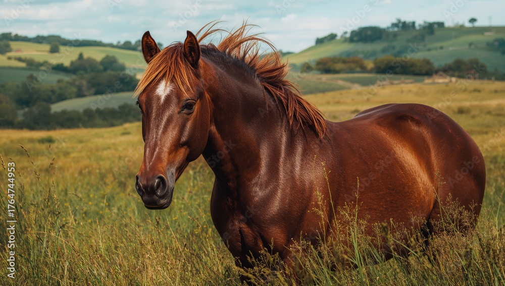 Fototapeta premium Close-up of a chestnut horse in the countryside