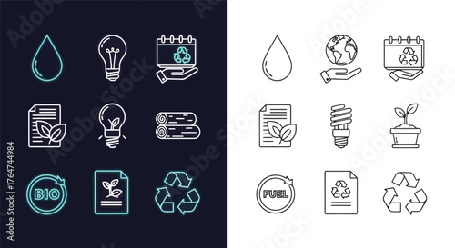 Vector illustration of collection of ecofriendly and sustainability icons, including recycling symbols, light bulbs, and water drops, presented on a dark and light background