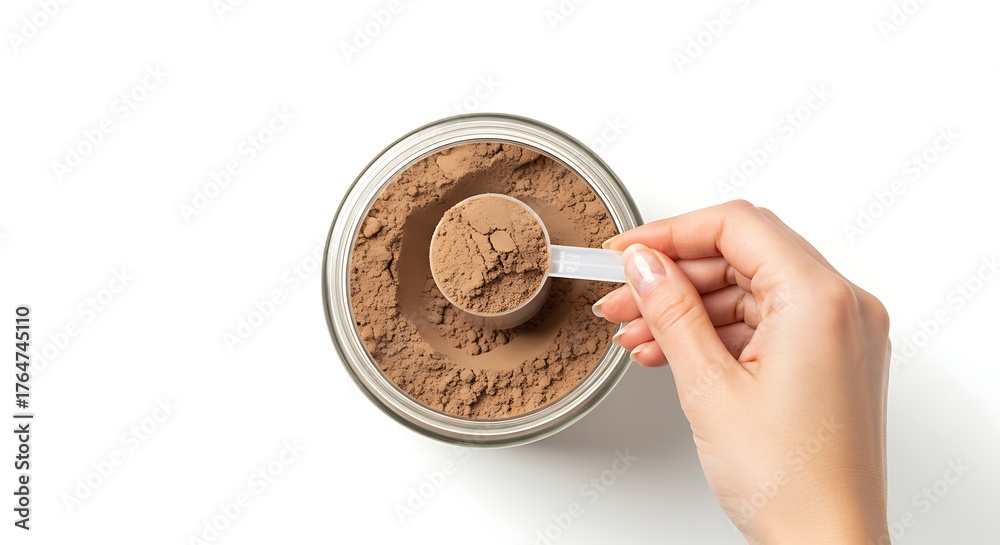 Fototapeta premium A close-up shot of a hand holding a measuring scoop above a jar of brown powder