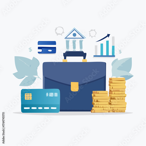 Flat lay illustration of a blue briefcase with gold clasp surrounded by financial symbols and objects on a white background.
