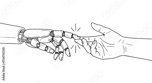 Vector of a robot hand touching a human hand, in black and white line art, representing human-technology connection
