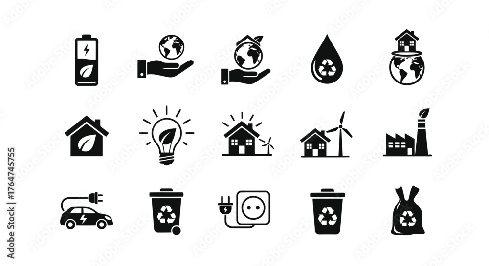 Obraz premium Vector illustration of assortment of black and white icons representing sustainability, renewable energy, and environmental care