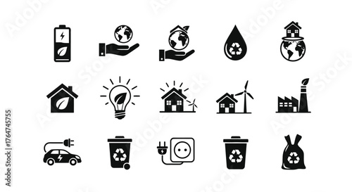Vector illustration of assortment of black and white icons representing sustainability, renewable energy, and environmental care