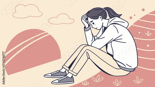 A young woman sits alone, head in hands, appearing distressed and contemplative against a stylized, abstract background.