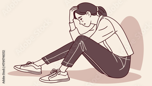 A woman sits on the floor with her head in her hands, looking down, appearing sad.