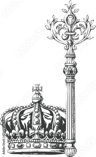 Ornate regal crown and scepter symbols of royalty power authority luxury and prestige isolated engraving art