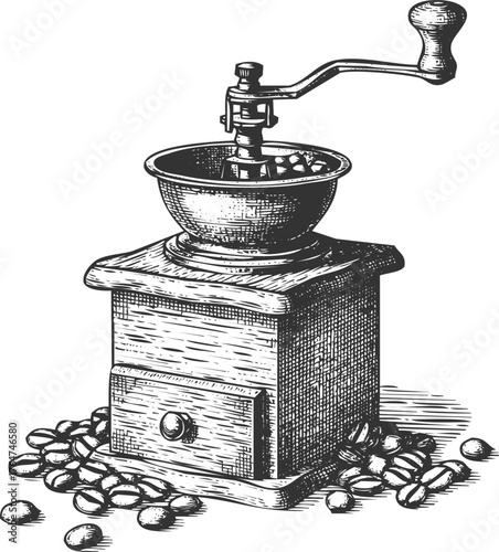 Vintage hand crank coffee grinder with scattered beans black and white engraving style artistic representation engraving art
