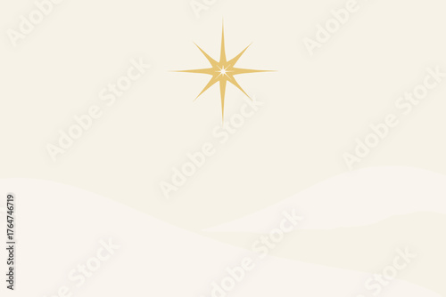 Golden star above white snowdrifts in minimalistic winter landscape
