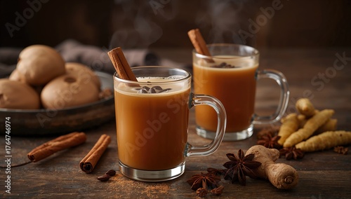 Spiced tea being served in glass cups on a wooden surface.