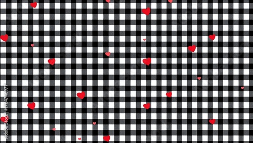 Black, red, and white heart-themed gingham design. Continuous tartan plaid texture ideal for clothing, table settings, gift wrap, and contemporary Valentine's Day celebrations.