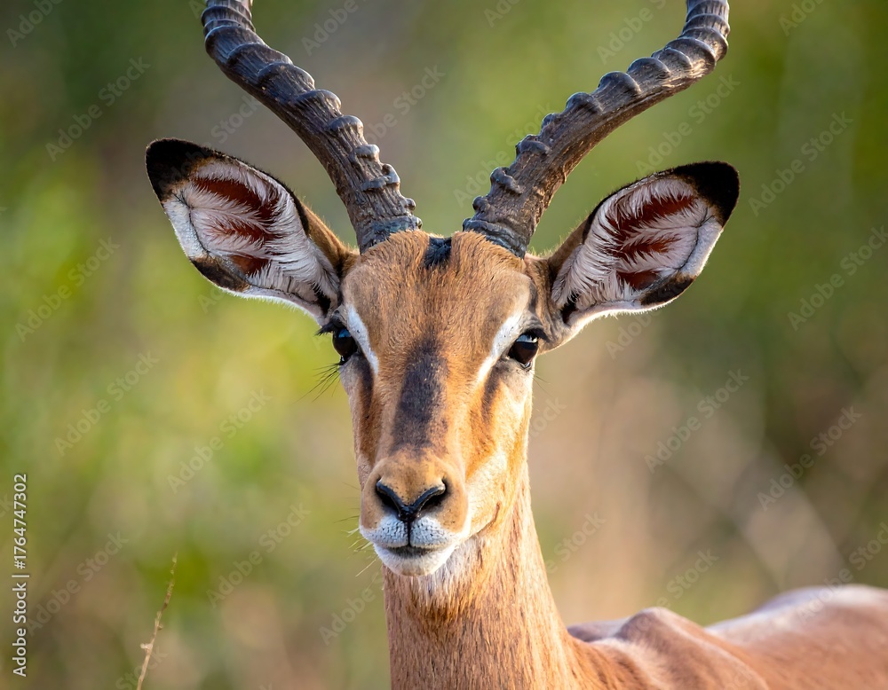 Fototapeta premium A captivating portrait of an impala, showcasing its majestic horns and focused gaze