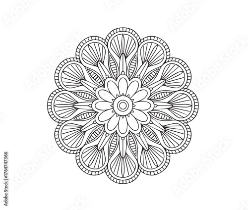 Detailed floral mandala with petal and circle patterns showcased in monochrome line work on white