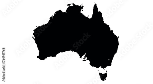 Silhouette map of australia with detailed coastlines in black and white