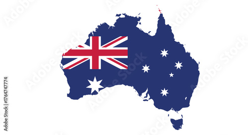 Australia map with integrated national flag design on white background