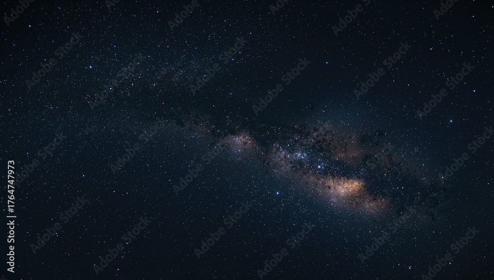 Obraz premium Wide-angle view of the Milky Way galaxy against a pitch-black sky with visible stars. Cosmic expanse captured with long exposure and balanced white tones, featuring natural grain and noise.