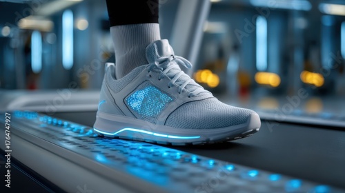 Futuristic light up athletic shoe on a treadmill in a modern gym