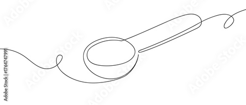 Food illustration, measuring spoon, one continuous line, vector art line. Hand drawn doodle line art linear drawing editable stroke