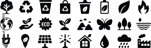 Eco and sustainability glyph icon set, black silhouette vector pictograms of recycle, tree, solar panel, wind turbine, environment, renewable energy, and conservation symbols for green and environment