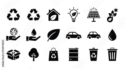 Vector illustration of collection of ecofriendly icons representing recycling, renewable energy, and sustainable living