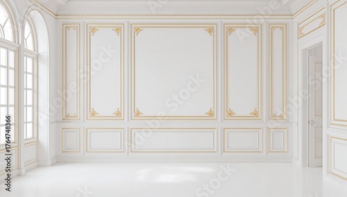Fototapeta Naklejka Na Ścianę i Meble -  Empty white room featuring golden decorative moldings for mockup