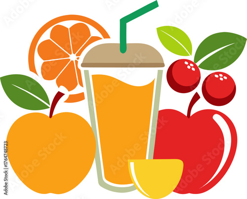  Mixed fruit juice with orange, apple, mango, and berries. silhouette vector icon , white background 