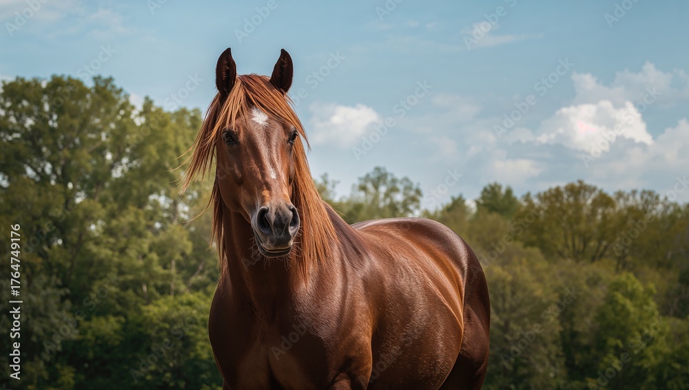 Obraz premium Horse standing in front of a wooded area