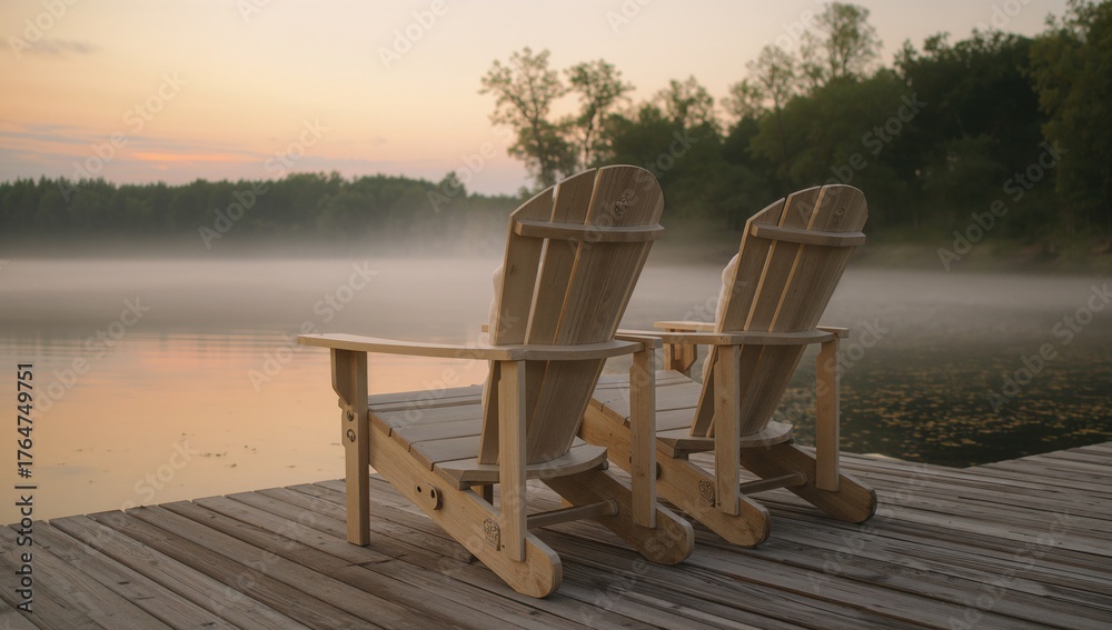 Fototapeta premium Sunrise over a lake with mist and wooden lounge chairs on a pier
