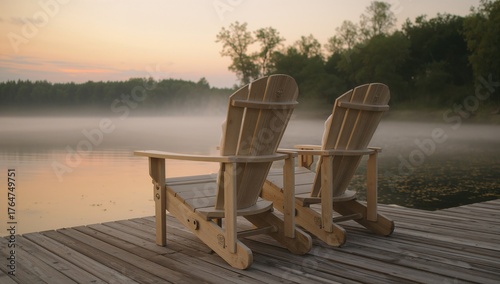 Fototapeta Naklejka Na Ścianę i Meble -  Sunrise over a lake with mist and wooden lounge chairs on a pier