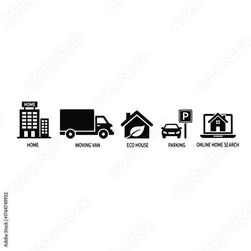 Vector illustration of collection of five black icons representing home, moving van, eco house, parking, and online home search
