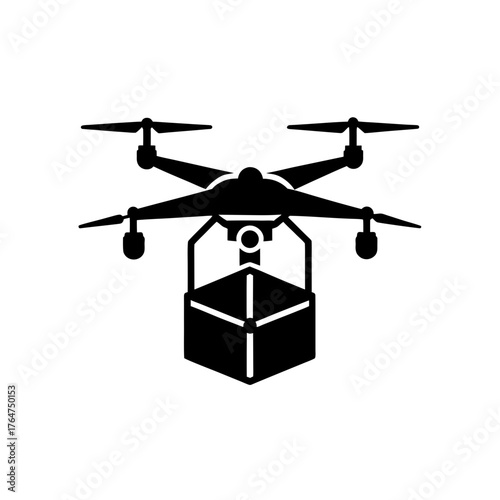 Modern drone delivering package, fast shipping technology, aerial delivery service, high tech innovation
