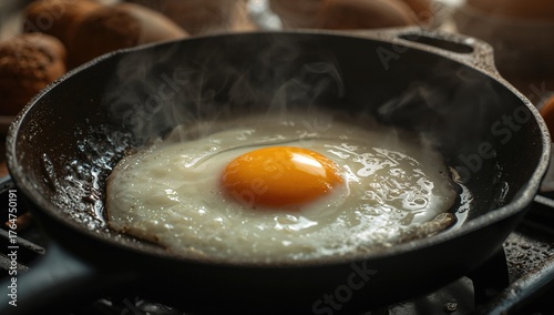Enigmatic fried egg crackling in a pan