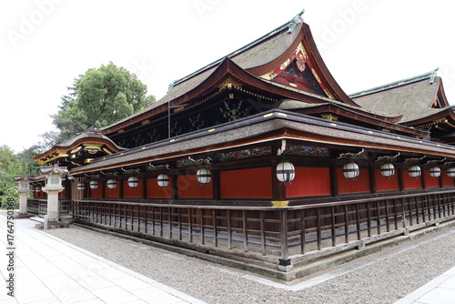 A Japanese shrine : a scene of the back side of Hon-den Main Hall in the precincts of Kitano-tenmangu Shrine in Kyoto City